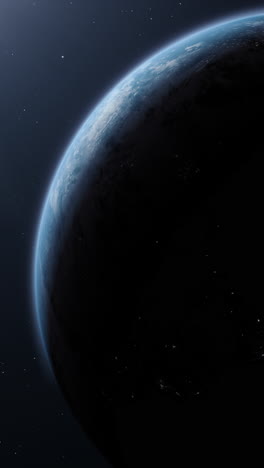 Vertikalformat:-Eine-Filmische-Darstellung-Des-Planeten-Erde-Bei-Sonnenaufgang-Als-Blick-Aus-Dem-Weltraum-Mit-Leuchtend-Blauer-Himmelsatmosphäre