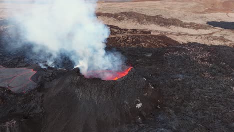 Lava-pouring-from-erupting-smoking-volcano-crater-in-ashen-landscape