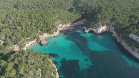 Aerial-green-coastal-turquoise-hidden-Beach-bay-in-Menorca-Spain,-Cala-Mitjana