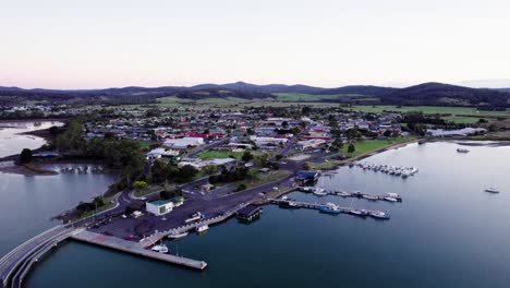 Establishing-aerial-small-marina-Saint-Helens,-Tasmania