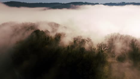 Tauchen-Sie-Mit-Einer-Drohne-In-Den-Nebel-über-Einem-Wald-Ein,-Morgen-In-Der-Dordogne-über-Einer-Klippe