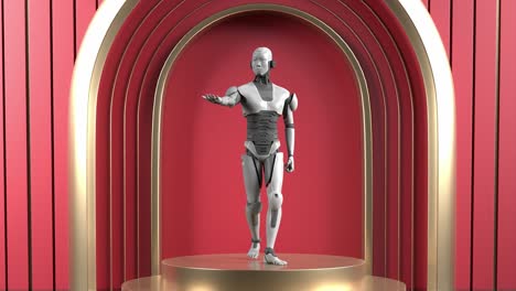 3D-Rendering-Animation-Eines-Humanoiden-Roboterprototyps,-Der-Auf-Einem-Produktdisplay-Mit-Futuristischem-Gesellschaftskonzept-Und-Rotem-Bühnenhintergrund-Steht