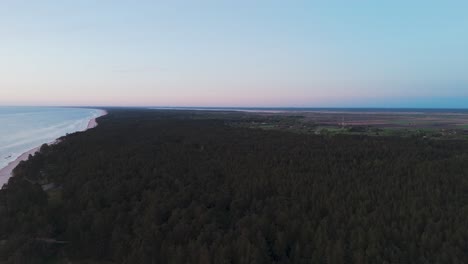 Aerial-Birdseye-View-of-Baltic-Sea-Coast-on-a-Sunny-Day,-Seashore-Dunes-Damaged-by-Waves,-Broken-Pine-Trees,-Coastal-Erosion,-Climate-Changes,-Wide-Angle-Drone-Shot