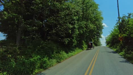 A-serene-drive-along-a-leafy-rural-road-under-clear,-blue-skies,-while-passing-an-Amish-Horse-and-Buggy
