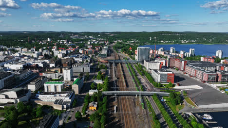 Aerial-tracking-shot-of-the-railroad-station-of-Jyvaskyla,-summer-day-in-Finland