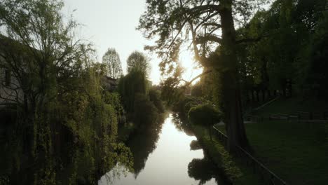 Árboles-Reflejados-En-El-Agua-Del-Canal-En-Una-Tarde-Soleada-En-Venecia,-Italia.