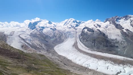 Aerial-view-of-a-beautiful-glacier-at-the-Alps-in-Switzerland,-Europe,-a-view-from-Gornergrat-observatory