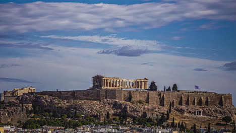 Timelapse,-Acropolis-of-Athens-on-Sunny-Day,-Greece,-Clouds-Moving-Above-Ancient-Temple-Landmark
