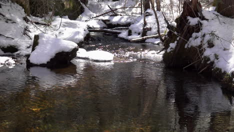 Clear-sparkling-water-flows-in-slow-motion-between-snow-covered-banks
