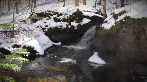 Early-spring-snow-melts,-feeding-a-refreshing-mountain-stream