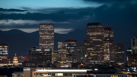 Twilight-motion-time-lapse-of-Cherry-Creek-Denver-skyline-buildings-lighting-up