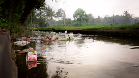 Floating-debris-on-polluted-waterway-in-Bali-countryside,-low-angle