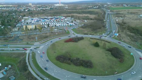 Haken-Roundabout-Crossing-In-Szczecin-Poland---Aerial-Drone-Shot