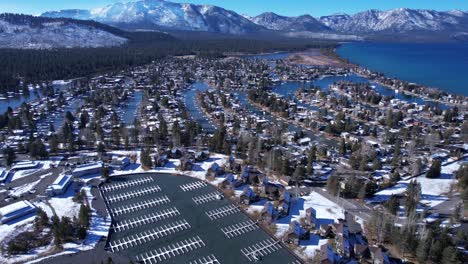 Tahoe-Keys,-California-USA,-Drone-Shot-of-Harbor-and-Homes-on-Sunny-Winter-Day