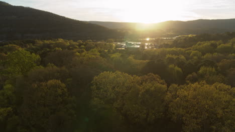 Aerial-flyover-of-trees-during-the-sunset-of-the-Moccasin-Bend-Health-Facility-in-Chattanooga-TN