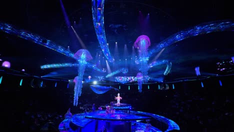 Wide-view-of-theatrical-show-with-special-effects-and-moving-stage,-Las-Vegas