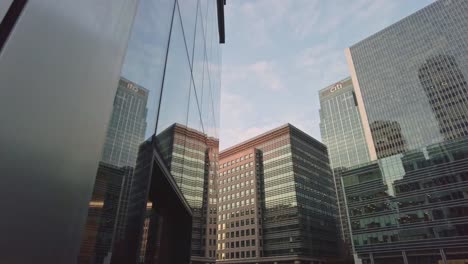 Frontal-traveling-view-of-Citibank-building-in-the-Canary-Wharf-financial-district-in-London,-United-Kingdom