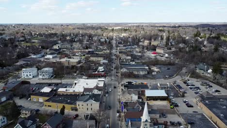 High-Aerial-Flyover-Downtown-Cedarburg,-Wisconsin-.