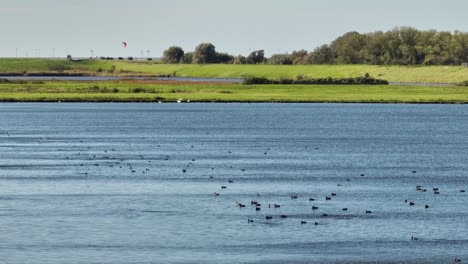 Long-lens-shot-of-a-lake-that-formed-during-a-flooding-in-Zeeland