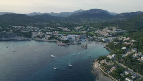 Aerial-view-of-Melia-Palma-Marina-hotel-with-Mallorca-landscape-in-Spain