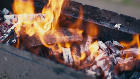 Close-up-of-burned-wood-turning-into-coal-in-flames-in-bbq-grill