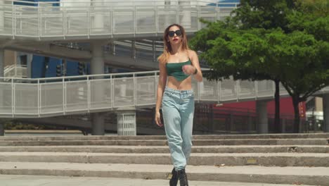 Amidst-the-hustle-and-bustle-of-a-Caribbean-metropolis,-a-girl-in-jeans-and-boots-explores,-with-tall-buildings-dominating-the-skyline