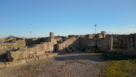 Archaeological-features-including-stone-blocks-and-columns-at-Kato-Pafos,-partially-surrounded-by-springtime-greenery