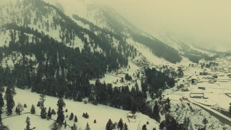 Luftaufnahme-Der-Schneebedeckten-Landschaft-Des-Naltar-Tals-Mit-Bäumen-Am-Hang