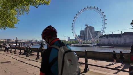 Westminster-Embankment-With-London-Eye-In-The-Background-On-The-South-Bank-Of-River-Thames-in-London,-UK