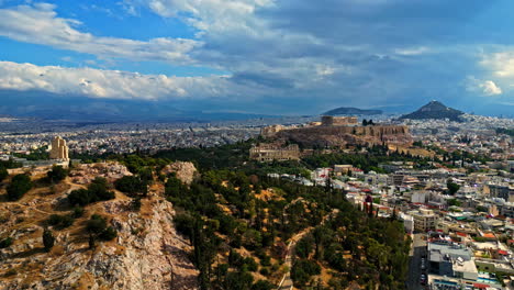 Aerial-of-Athens-Greece-Cityscape-Skyline,-Acropolis-Temple-and-City-View-From-Philopappos-Hill,-Drone-Shot