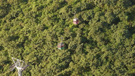 Aerial-Of-Gondolas-On-Cableway-Over-Mountain-Forest