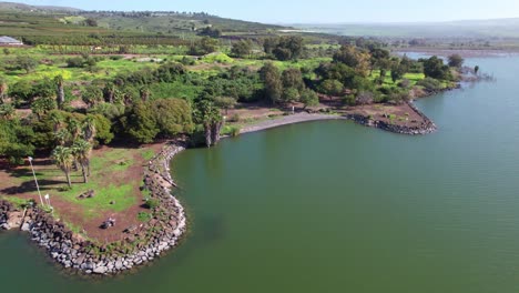 Drone-shot-of-a-beach-in-the-Sea-of-Galilee