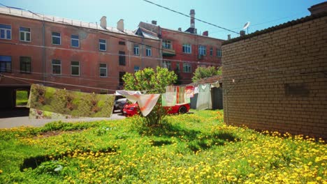 Colorful-laundry-hanging-outdoors-in-city-on-field-with-yellow-flowers