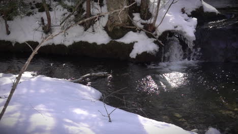 Snowy-melt-water-tumbles-into-a-stream-in-slow-motion