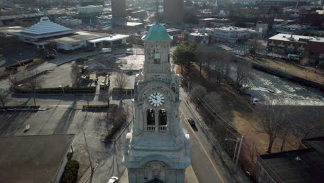 Circular-drone-flight-around-Pawtucket-Church-Tower-in-Rhode-Island