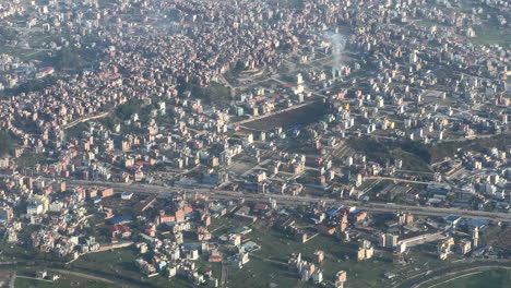 An-aerial-view-of-the-city-of-Kathmandu,-Nepal-on-a-clear-day-with-no-smog