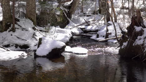 Mountain-stream-fed-by-melting-snow-in-slow-motion