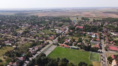 Aerial-Drone-Orbit-Shot-of-a-Small-Town-in-Tompa,-Hungary