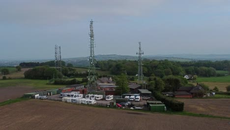 Billinge-hill-transmitter-antenna-towers-aerial-rising-view-caravan-storage-on-top-of-Crank-landmark-overlooking-St-Helens-countryside