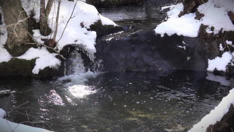Snowy-stream-flows-over-rocks-in-slow-motion