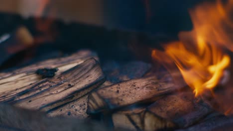 Close-up-of-burning-wood-with-flames-and-smoke-handheld-macro