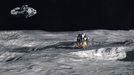 Eagle-Lunar-Lander-on-the-Surface-of-the-Moon-as-Large-Alien-Spaceship-Approaches