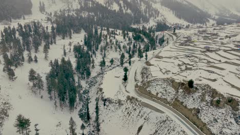 Drone-view-of-snow-covered-Naltar-valley-in-Gilgit,-Pakistan