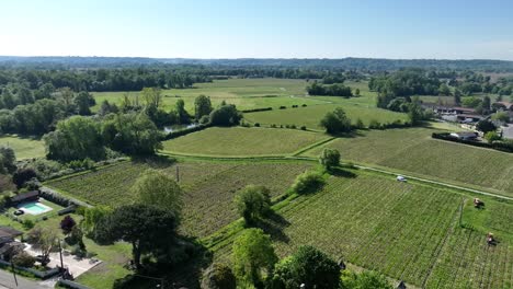 Vineyard-farm-fields-in-the-town-of-Vignonet-France-east-of-Bordeaux-France,-Aerial-pan-right-shot