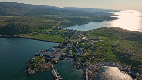 Aerial-view-rising-in-front-of-the-Bugoynes-village,-summer-day-in-Finmark,-Norway