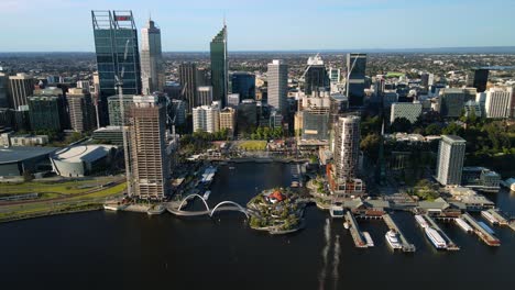 Aerial-View-Of-Perth-Skyline,-Port,-Convention-Center,-And-Elizabeth-Quay-Bridge-In-Western-Australia