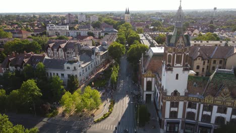 Establishing-aerial-view-of-city-of-Felegyhaza,-Hungary,-and-City-Hall