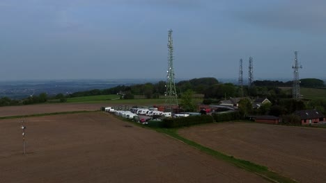 Billinge-hill-transmitter-antenna-towers-aerial-view-towards-caravan-storage-on-top-of-Crank-landmark-overlooking-St-Helens-countryside