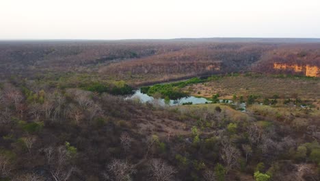 Aerial-drone-shot-of-parwati-river-covered-with-dense-semi-arid-forest-and-hills-around-it-in-shivpuri-area-of-Madhya-Pradesh-India