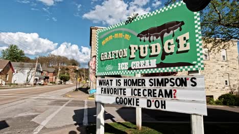 Grafton-Fudge-and-Ice-Cream-Sign-Outside-Front-Entrance-of-Local-Business,-Illinois,-USA